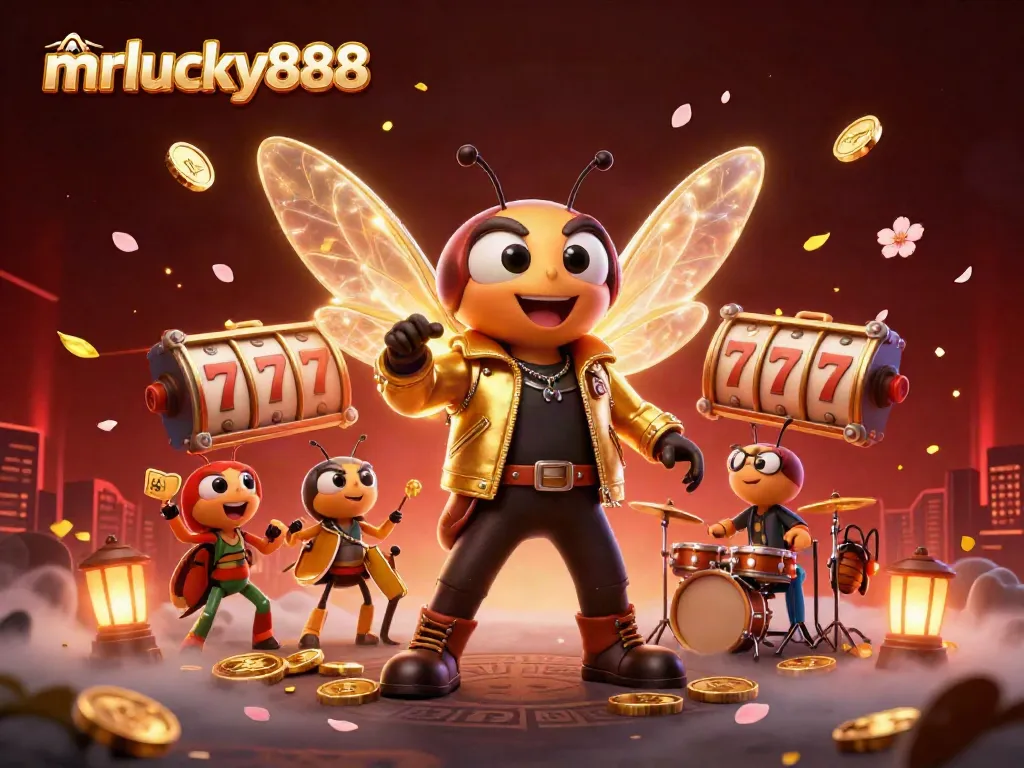 Experience mrlucky888's thrilling casino atmosphere with a vibrant 3D illustration featuring lucky symbols and energetic characters.