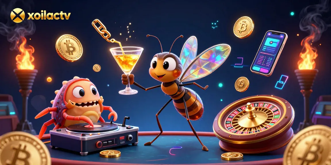 Xoilactv offers an exciting 3D illustration of a frozen mosquito mascot amidst vibrant casino elements and cryptocurrencies.
