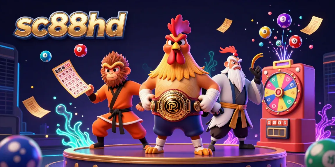 Experience the excitement of sc88hd with a vibrant 3D illustration of a Muay Thai rooster and Shaolin monkey in a dynamic lottery scene.