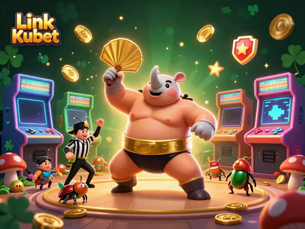 Experience the energetic arena featuring Link Kubet with a powerful sumo champion beetle and vibrant casino elements.