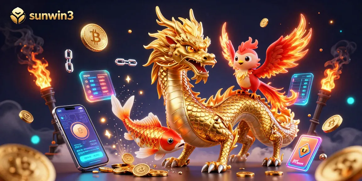 Experience thrilling gameplay with sunwin3, featuring a dragon, phoenix, and koi fish amidst coins and crypto elements.