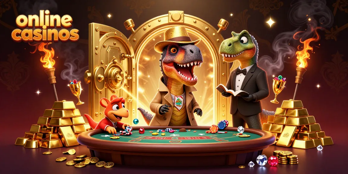 Experience thrilling action at online casinos with a cartoon velociraptor trying to win big.