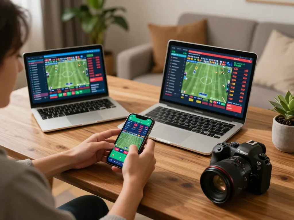 Engaged bettor checking keo nha cai on mobile while placing bets in a cozy home environment.