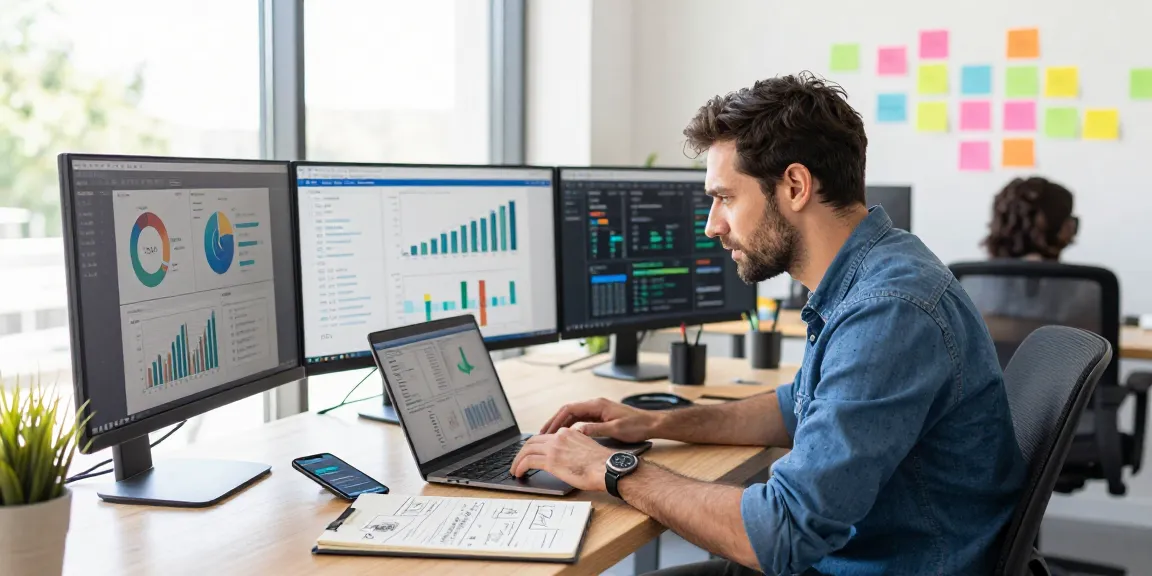 Aktivitas pemasaran digital GEGESLOT dengan pemasar yang menganalisis data di laptop dikelilingi oleh grafik dan notepad ide, di ruang kerja modern.