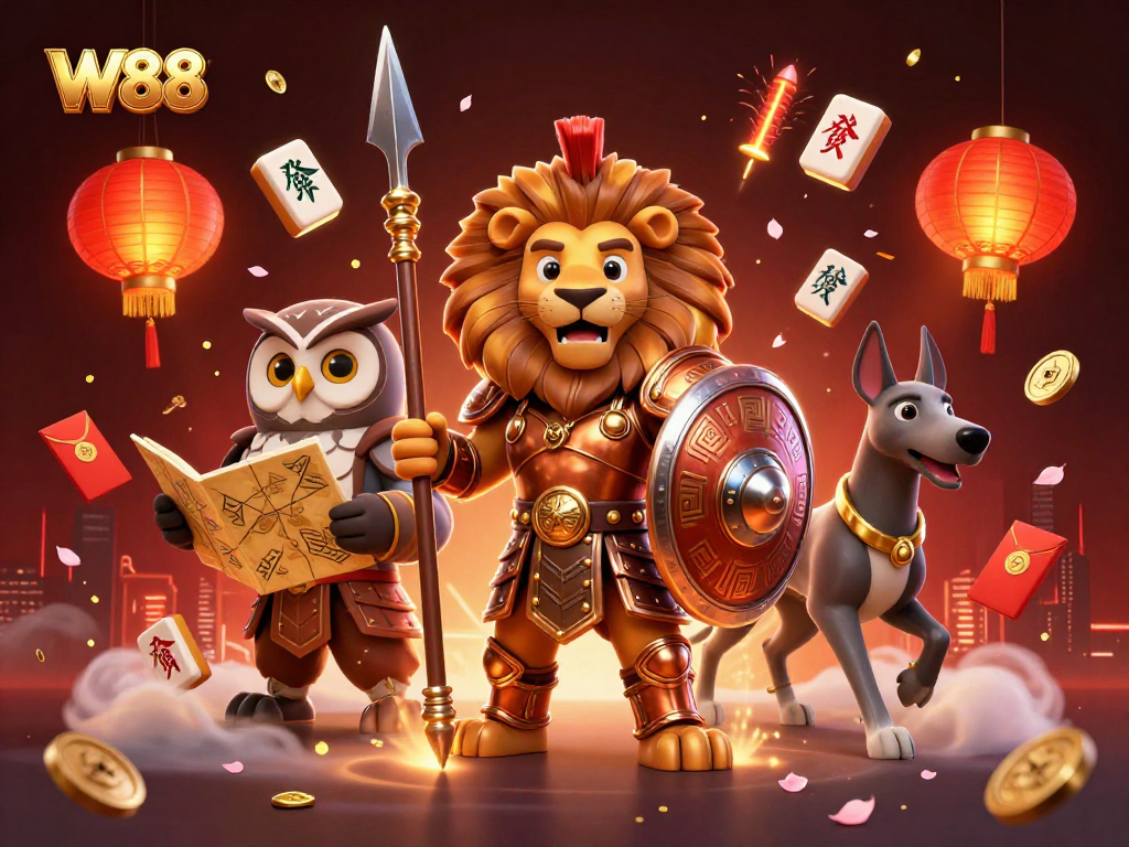 Bet on action-packed W88 with a lion, owl, and greyhound in a festive casino scene.