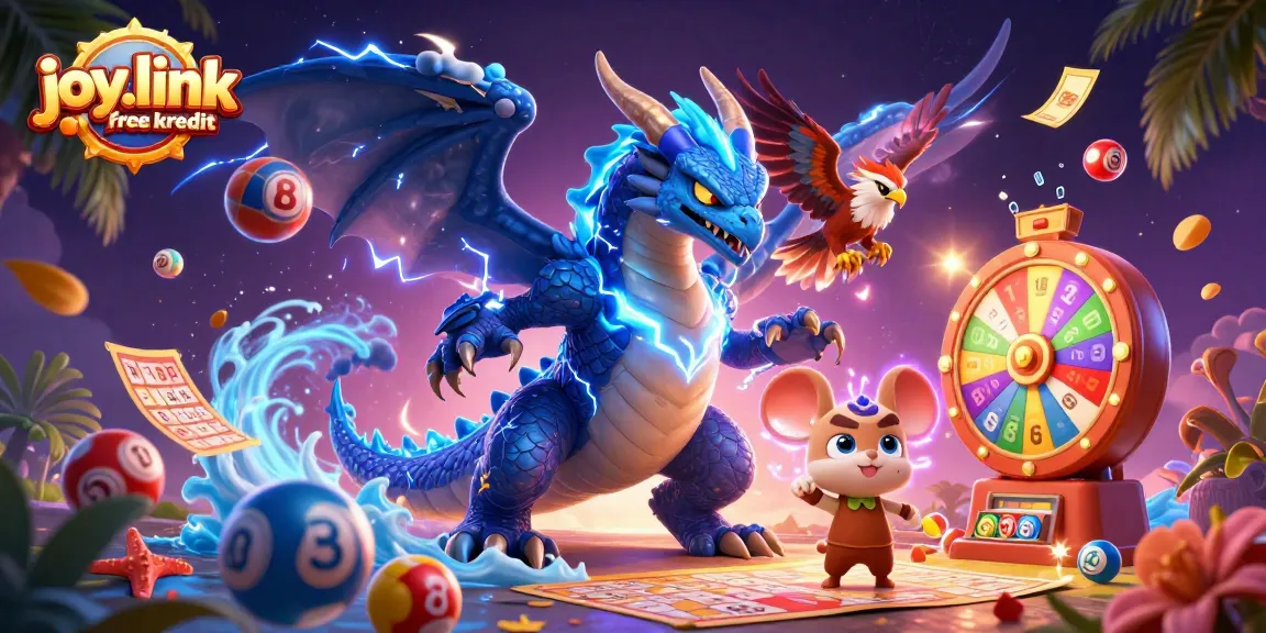 Engage with joy.link free kredit in a vibrant lottery-themed illustration featuring dynamic characters and game elements.