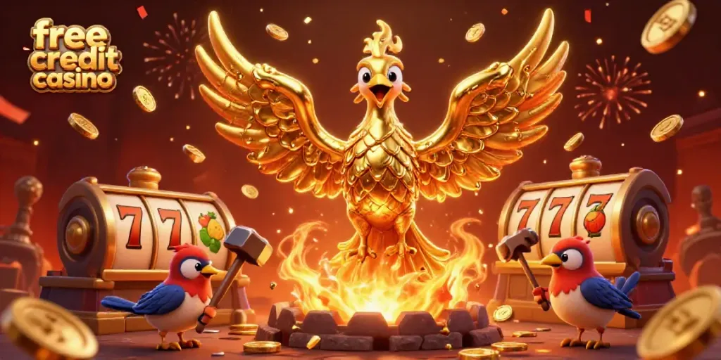 Experience the thrill of free credit casino with the majestic golden phoenix among exciting slot reels and festive elements.