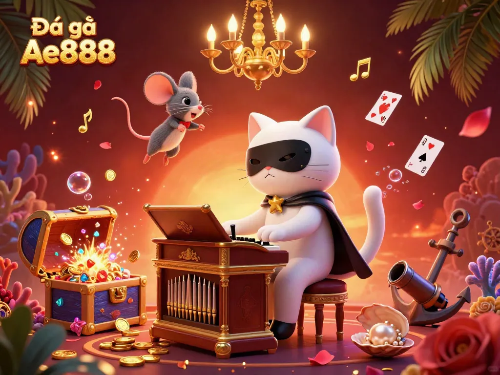 Experience the thrilling action of Đá gà Ae888 with a 3D illustration featuring a unique casino-themed scene.