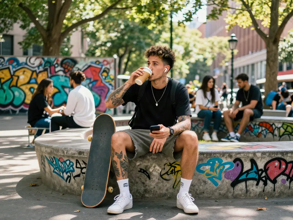 Stylish young man in streetwear enjoying a moment in the park, highlighting rokok88 lifestyle trends.