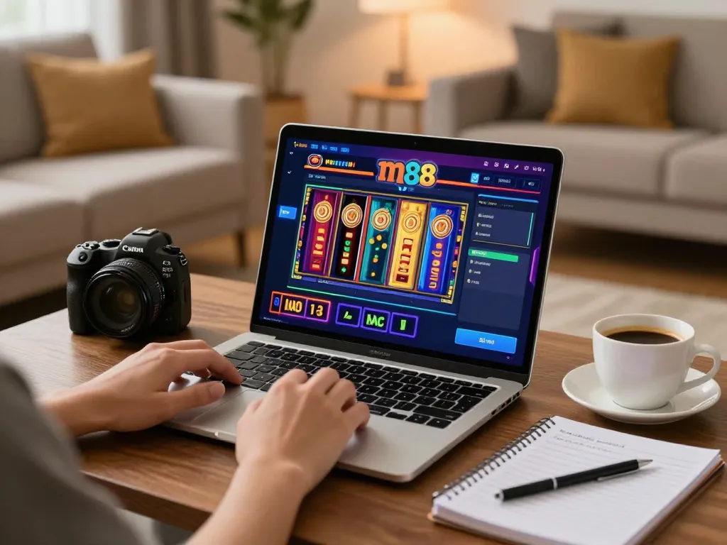 Engaging gameplay on m88 slot in a cozy home setting showcasing vibrant visuals and strategic focus.