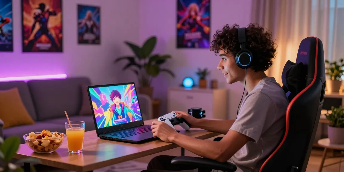 Engaged gamer playing an ecchi game surrounded by vibrant decor and snacks.