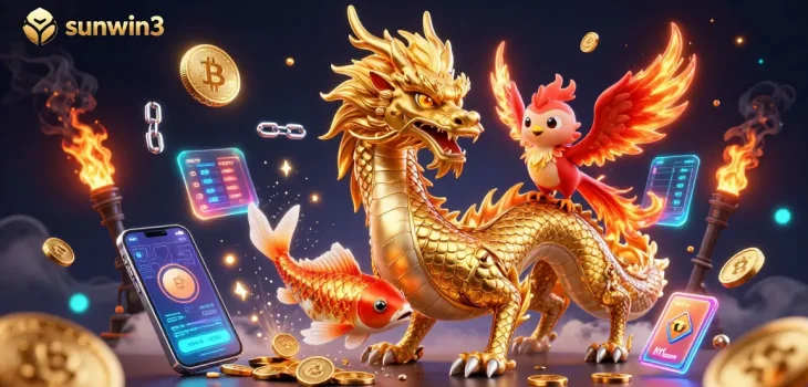 Experience thrilling gameplay with sunwin3, featuring a dragon, phoenix, and koi fish amidst coins and crypto elements.
