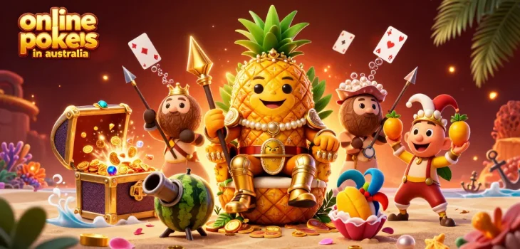 Experience excitement with online pokies in Australia in a vibrant beach casino scene with animated characters.