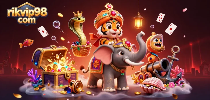 Win big with rikvip98 com in this vibrant casino-themed scene featuring a tiger, elephant, and treasure!