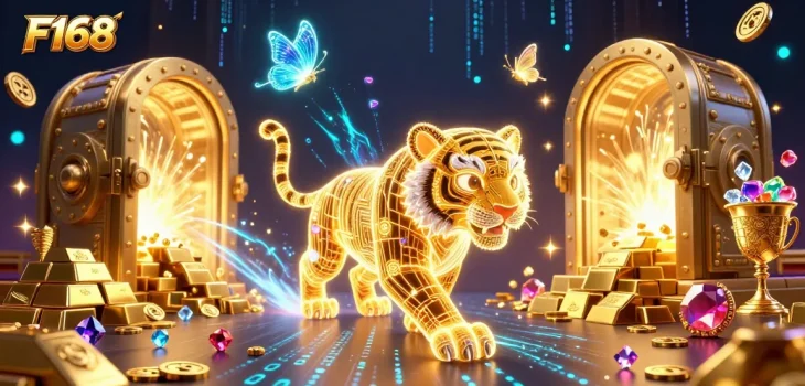 Experience thrilling wins at F168 with an energetic golden tiger amidst sparkling casino elements.