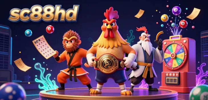 Experience the excitement of sc88hd with a vibrant 3D illustration of a Muay Thai rooster and Shaolin monkey in a dynamic lottery scene.